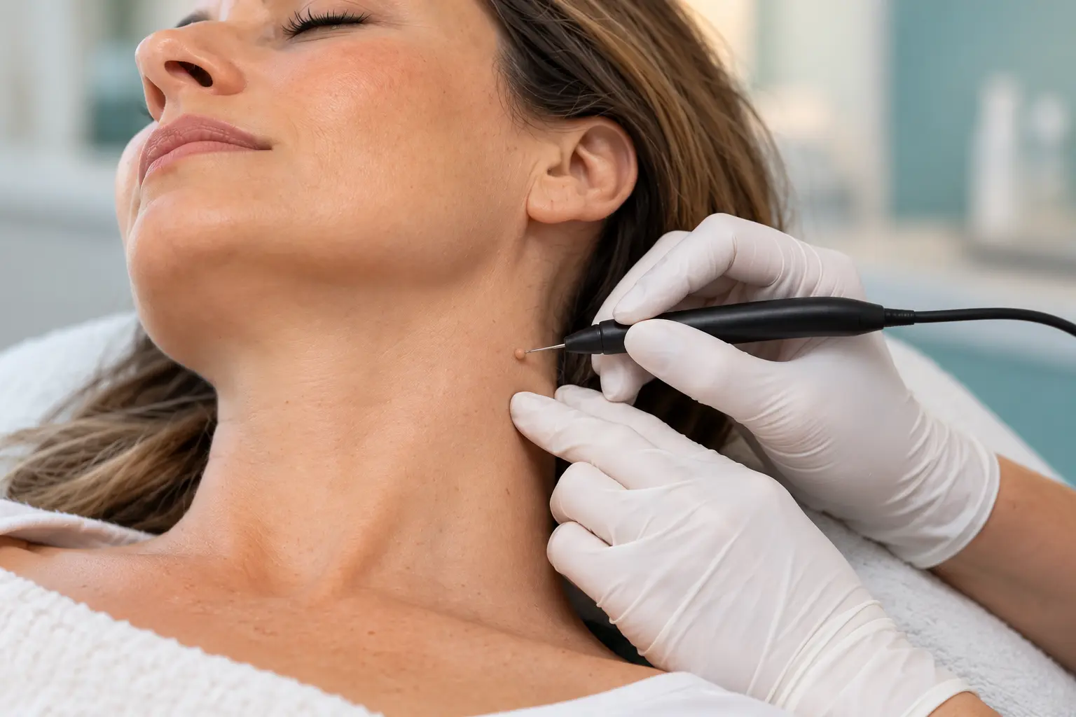 Advanced electrolysis treatment for a small benign skin tag
