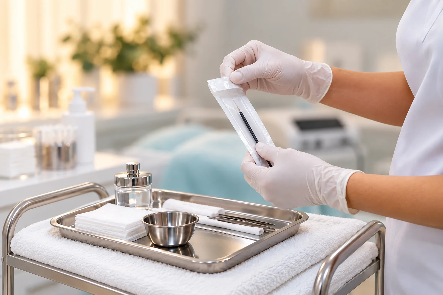 Sterile single-use electrolysis probe being prepared beside a fully visible treatment trolley